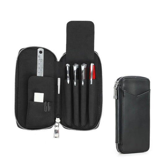 Hiram Handmade 4-Pen Case, Triple-Zip Crazy-Horse Leather Pouch with Microfiber Suede Lining, Heart-Stamped, Fountain/Ballpoint Box, Vintage Executive Stationery Storage(Black)