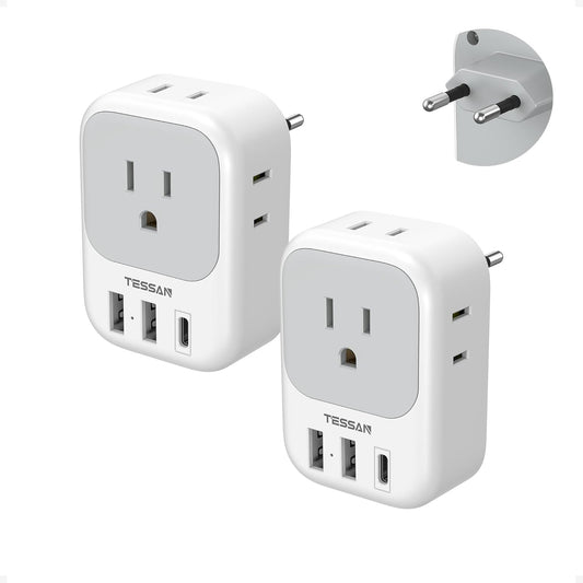 TESSAN 2 Pack 4 3 European Plug Adapter USB C, US to Europe Adapter Outlets USB Charger, Type C International Power
