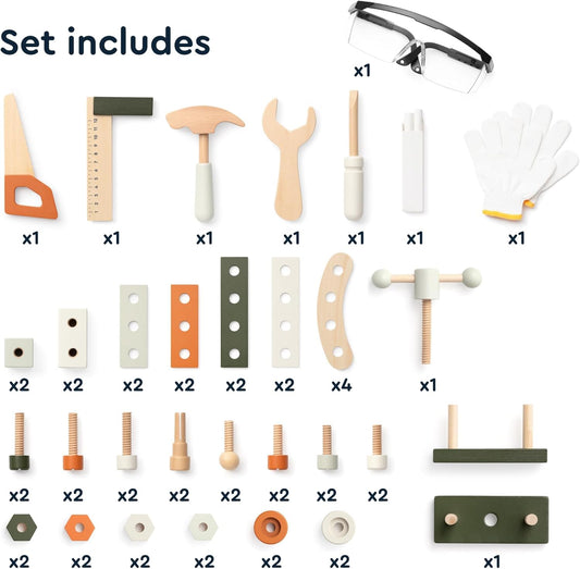 Tool Set, Children's Wooden Workbench Workshop Jeridoo Screw and Nut