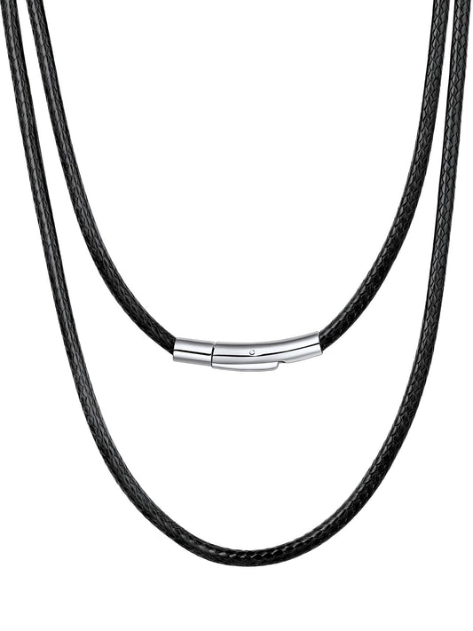 Bestyle 3MM Black Leather Necklace for Men Women,Waterproof Wax Woven Rope Chain with Stainless Steel Clasp, Leather Cord Necklace for Pendants 30"