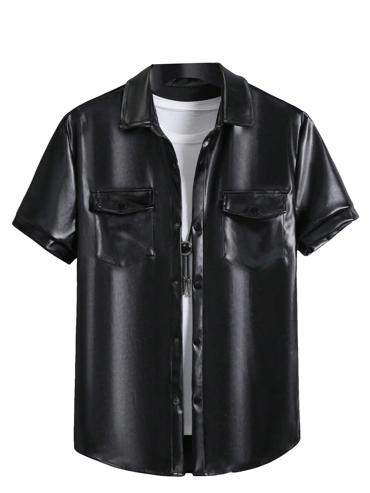 WDIRARA Men's Pu Leather Flap Pocket Short Sleeve Button Up Shirt Party Collar Top Black L