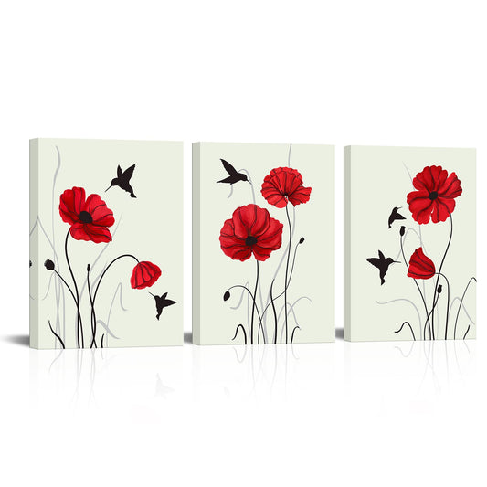 Biuteawal 3 Panels Red Poppy Picture Prints on Canvas Hummingbird with Flower Painting Wall Art Retro Flower Artwork Home Dining Room Bedroom Bathroom Framed Ready to Hang