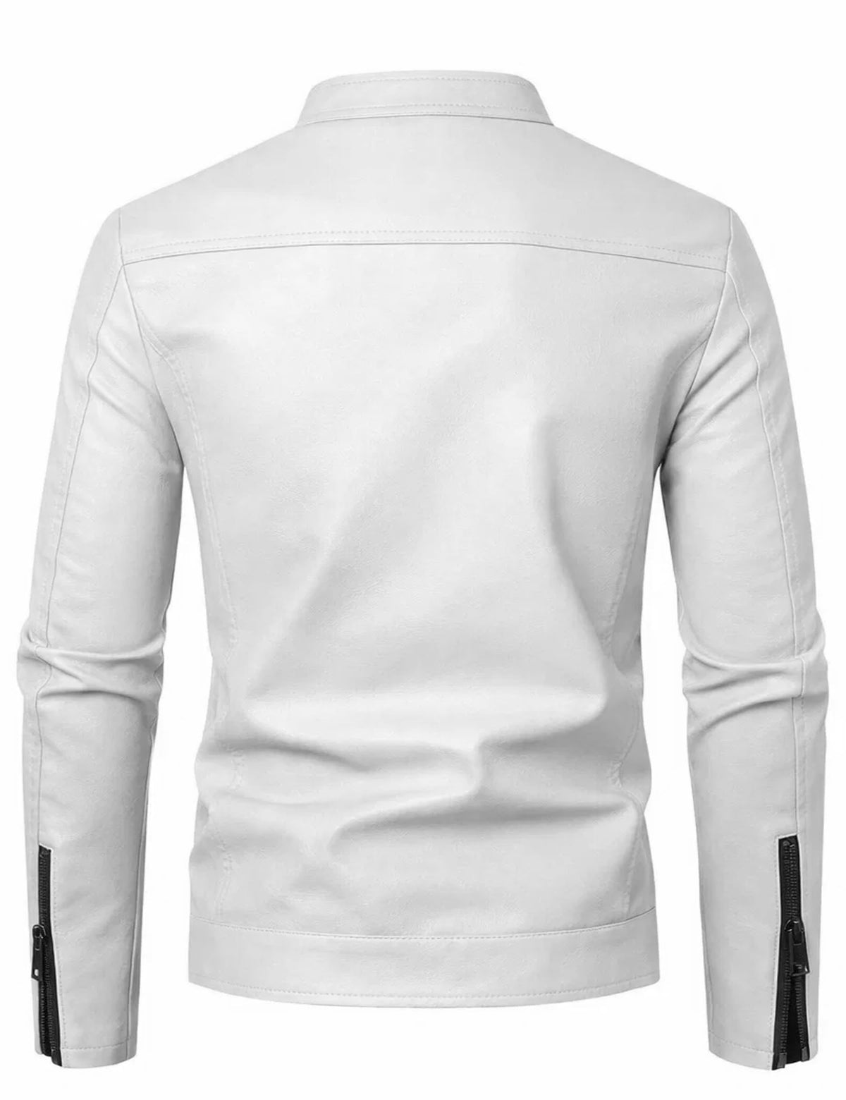 White Leather Jacket Men Faux Leather Motorcycle Stand Collar Biker Coat L