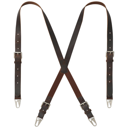 Jack&Chris Genuine Leather X-Shaped Suspenders for Men, Solid 1 Inch Wide Adjustable Heavy Duty Suspenders with Sturdy Clips, Men Accessories For Jeans, Red Brown