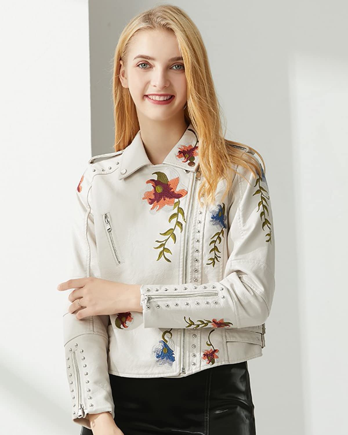 YILANUOYI Women's Embroidered Studded Faux Leather Jacket Moto Punk Jacket Floral Coat (M, XHPY Beige)