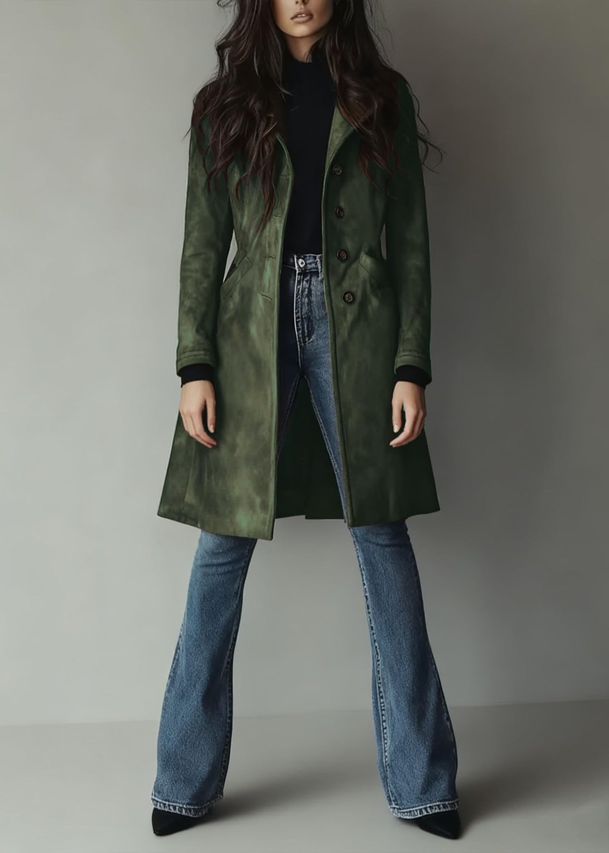 utcoco Womens Long Suede Trench Coat Single Breasted Leather Trench Overcoat with Pocket (X-Small, Army Green)