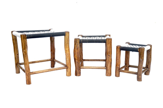 INDIAN HERITAGE WORLD Handmade Farmhouse Style Solid Wood Stool: Rustic Wooden Seat for Living Room, Kitchen or Bathroom (Pattern 2)