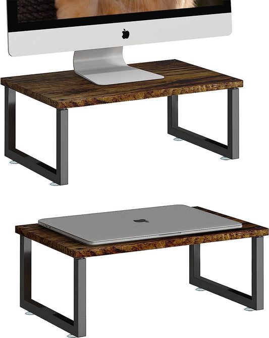 2 Pack Simple Trending Monitor Stand Riser, Wood Desk Storage Organizer for Office Laptop, Computer, Antique Brown