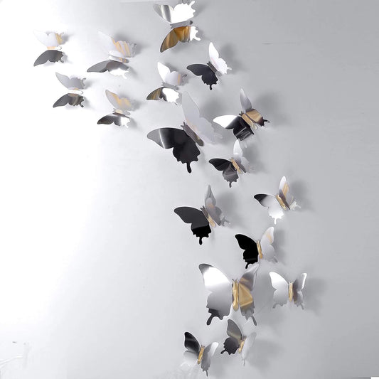 BBTO 48 Pieces Butterfly Wall Decor DIY 3D Mirror Butterfly Stickers Removable Decals Crafts for Birthday Party Bedroom School Bathroom Living Room Decor（Sliver）