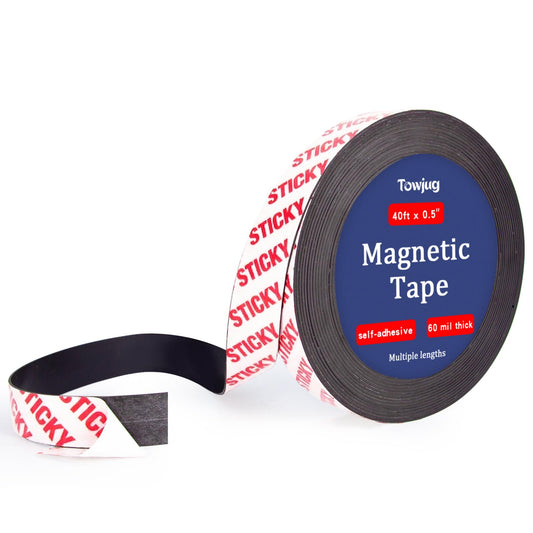 Towjug Magnetic Tape Roll 40 Feet with Self Adhesive Backing, Flexible Sticky Magnet Strips for Lightweight Craft DIY Projects, Whiteboards and Fridge Organization (0.5" Wide x 0.06" Thick)