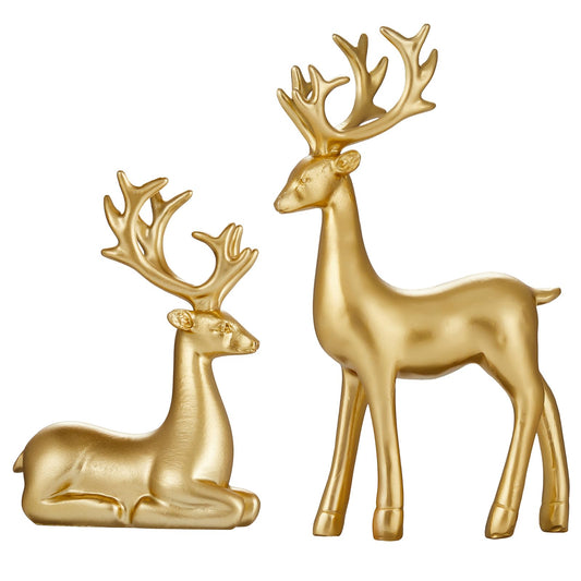 2PCS Carved elk Statue Resin Ornaments, Christmas Reindeer Fortune Seeking Decoration Modern Retro Art Standing and Sitting Posture, Applicable to Living Room and Bedroom (Pure Gold)