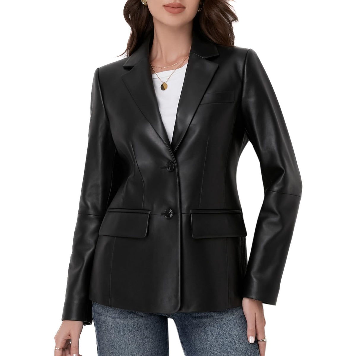 SILVER FASHIONS Lambskin Leather Jacket Women,Long Sleeve Button Front Leather Blazer,Notched Lapel Casual Style,Vent Detail (Large,Black)