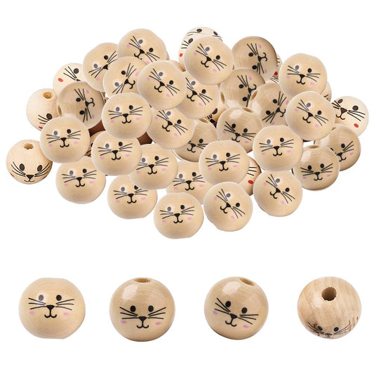 PH PandaHall 60pcs Cat Face Wooden Beads 18mm Painted Beads Farmhouse Wooden Beads Spacer Beads Loose Round Beads for DIY Crafts Home Party Hanging Decoration Festival Easter