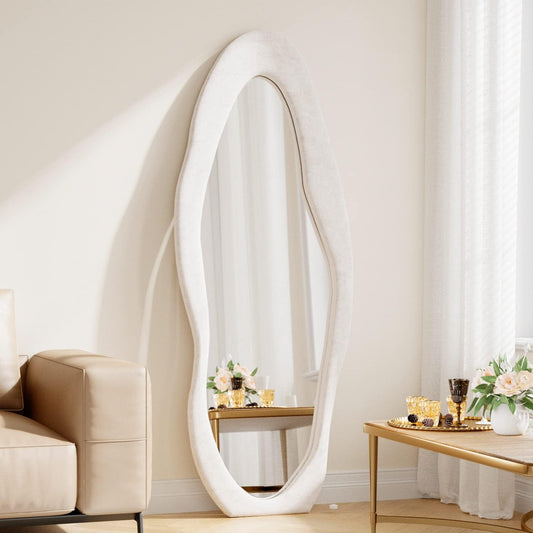 TinyTimes 63" x 24" Full Length Mirror Irregular Wavy Floor Mirror, Standing Wall Mirrors Large Hanging Mirror for Bedroom, Living Room, Flannel Wooden Frame, White