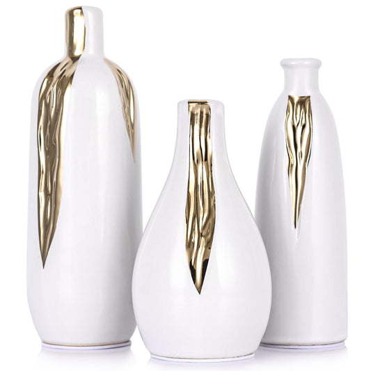 White and Gold Mini Ceramic Vase Set of 3, Small Ceramic Vase Set for Decorative, Bud Vases for Centerpieces Nightstand Kitchen, Boho Farmhouse Home Coffee Table Tray Decor