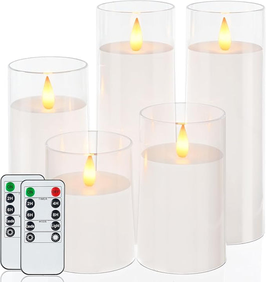 Homemory Realistic Flickering Battery Operated Candles, LED Fake Electric Candle with Remote Control and Timer, Flameless Candles for Home, Christmas Decoration, White, Set of 5