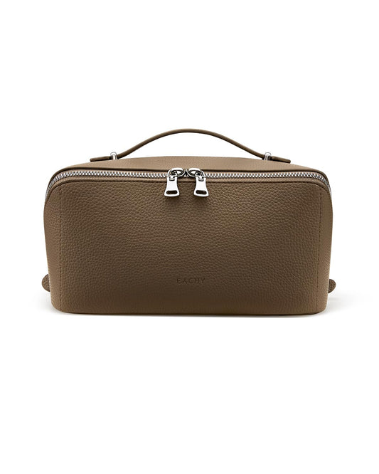 EACHY Travel Makeup Bag, Lychee Leather Large Capacity Cosmetic Bag for Women, Open Flat Toiletry Bag with TPU Brush Compartment, Waterproof Skincare Organizer Travel Essentials