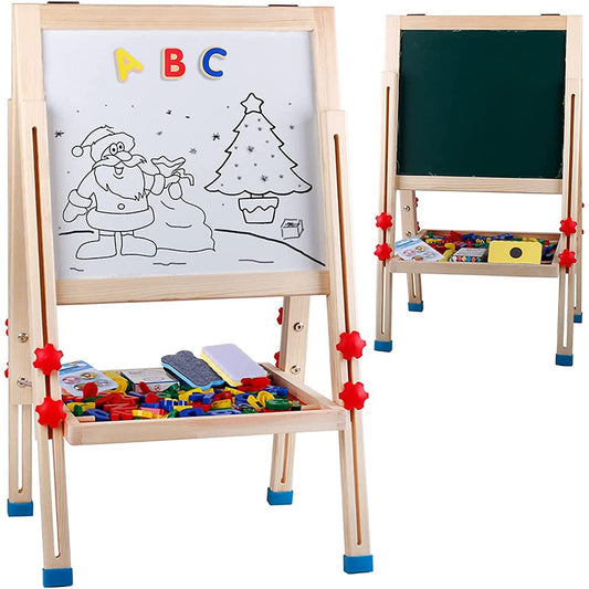 Potamish Wooden Art Easel for Kids (Double Sided) - Standing Magnetic Whiteboard Chalkboard Small Toddler Toys PM-048-K