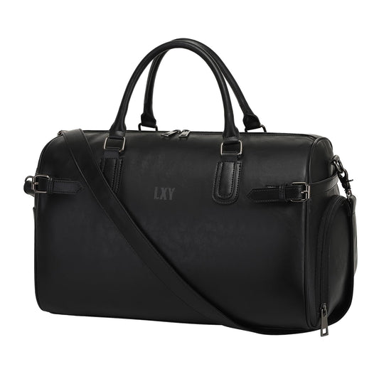 Vegan Leather Duffle Bag, LXY Travel Duffle Weekender Bag with Shoe Compartment, Duffel Overnight Gym Bags for Women Men Black
