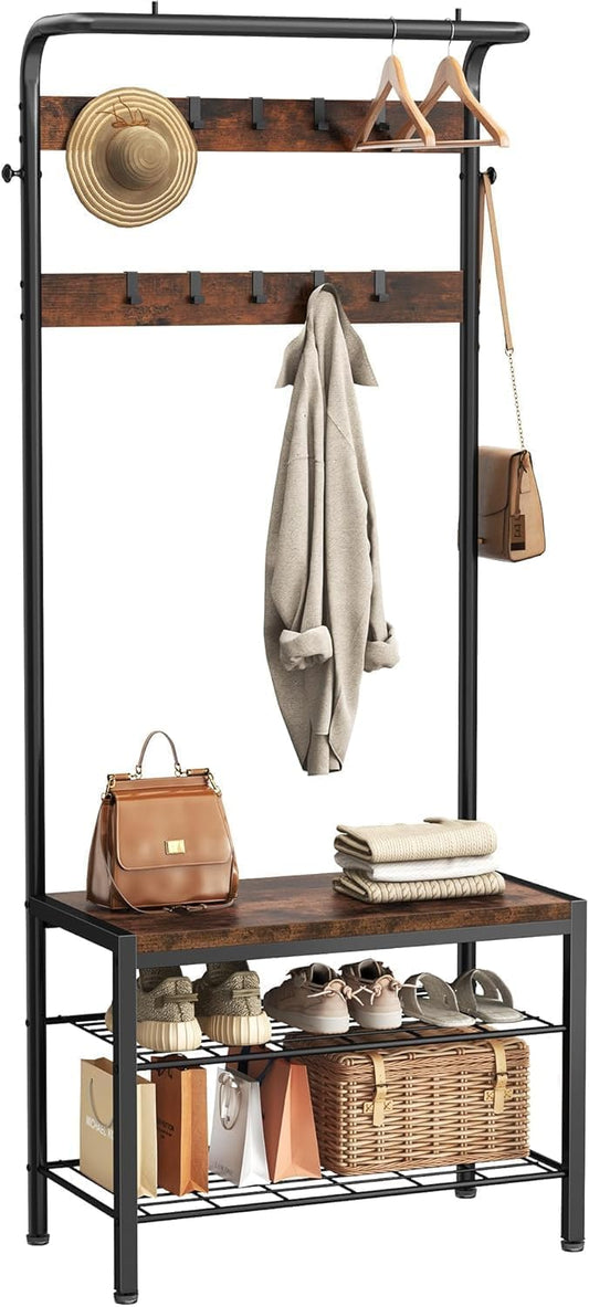 KMFurnila Hall Tree with Bench and Shoe Storage, 4-in-1 Entryway Organizer with 10 Hooks and Storage Shelf,Coat Rack Freestanding with 2-Tier Storage Shelf for Living Room, Bedroom Rustic