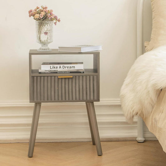 Fultyle Grey Nightstand, Modern Night Stand Wood, Fluted Bedside Table with Solid Wood Legs for Bedroom, Dorm and Small Space (Grey)