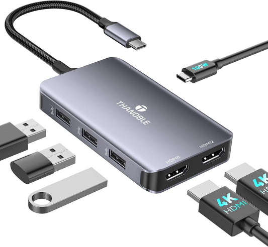 THANDBLE 6 1 3*USB-A 100W USB C to Dual HDMI Adapter, in Docking Station Dual Monitor, Data Ports, PD, HDMI Splitter