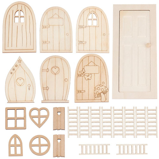 OLYCRAFT 1 Set/23pcs Mini Dollhouse Door Kit Miniature Wooden Door Window Set Wooden Doors Miniature Furniture Ladders Door Set for Miniature House Furniture Decoration Accessory