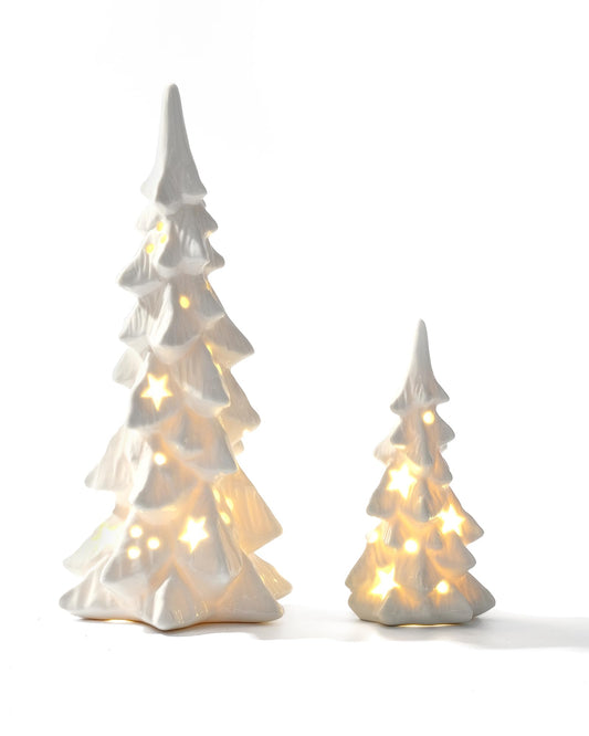 DN DECONATION White Ceramic Christmas Trees that Light Up, 2Pcs Porcelain Christmas Tree with Lights, Stars and Dots Cutout Prelit Tabletop Xmas Tree Figurines for Mantle Neutral Christmas Decor, Gift