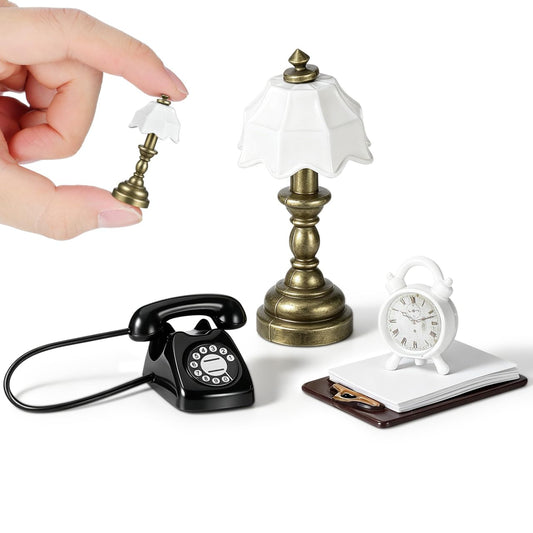 Garneck Miniature Dollhouse Accessories Kit: Tiny Phone Alarm Clock Table Lamp Writing Pad Furniture Decor for Doll House Scenes Library Office Living Room DIY Craft Mini Home Ornament