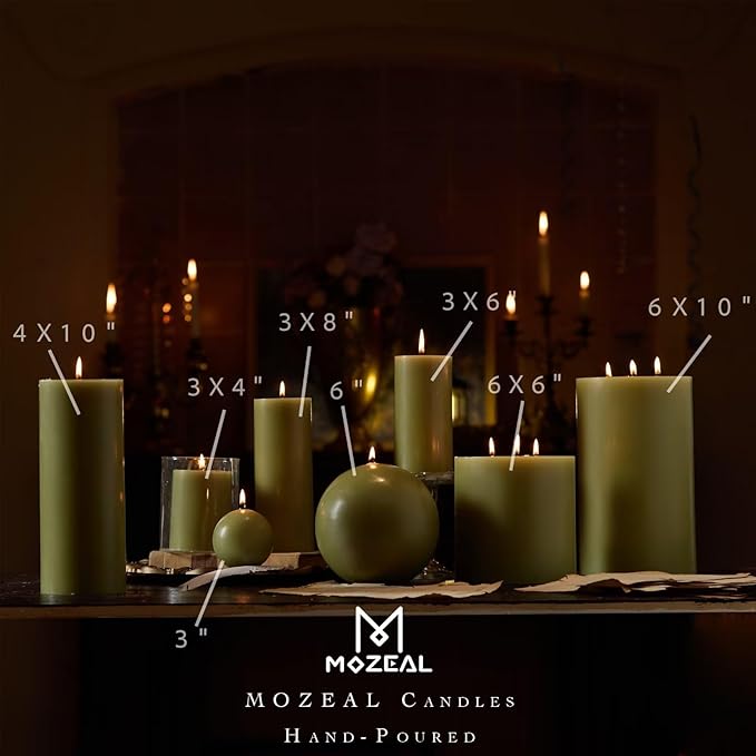 MOZEAL 3" x 8" Hand-Poured Unscented Large Candle, Smokeless Rustic Pillar Candle Set of 2, Slow Burn, No Drip, Approx 150 Hours Burning,Wedding,Dinner,Christmas and Home Decorative,Tall Olive Candle