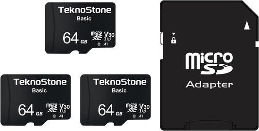 Teknostone 64GB 90MB/s 50MB/s C10 U3 V30 A1 (3 Packs) Basic MicroSDXC Flash Memory with Adapter Read Write UHS-I Rated