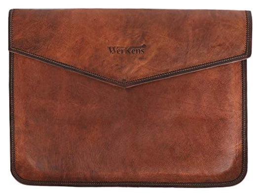 WerKens Genuine Leather Laptop Sleeve a Luxury Laptop Sleeve Cover Case for MacBook and Laptops with Display Sizes 13.3" - 13.5" Inch, Handmade Vintage Document Holder - Brown