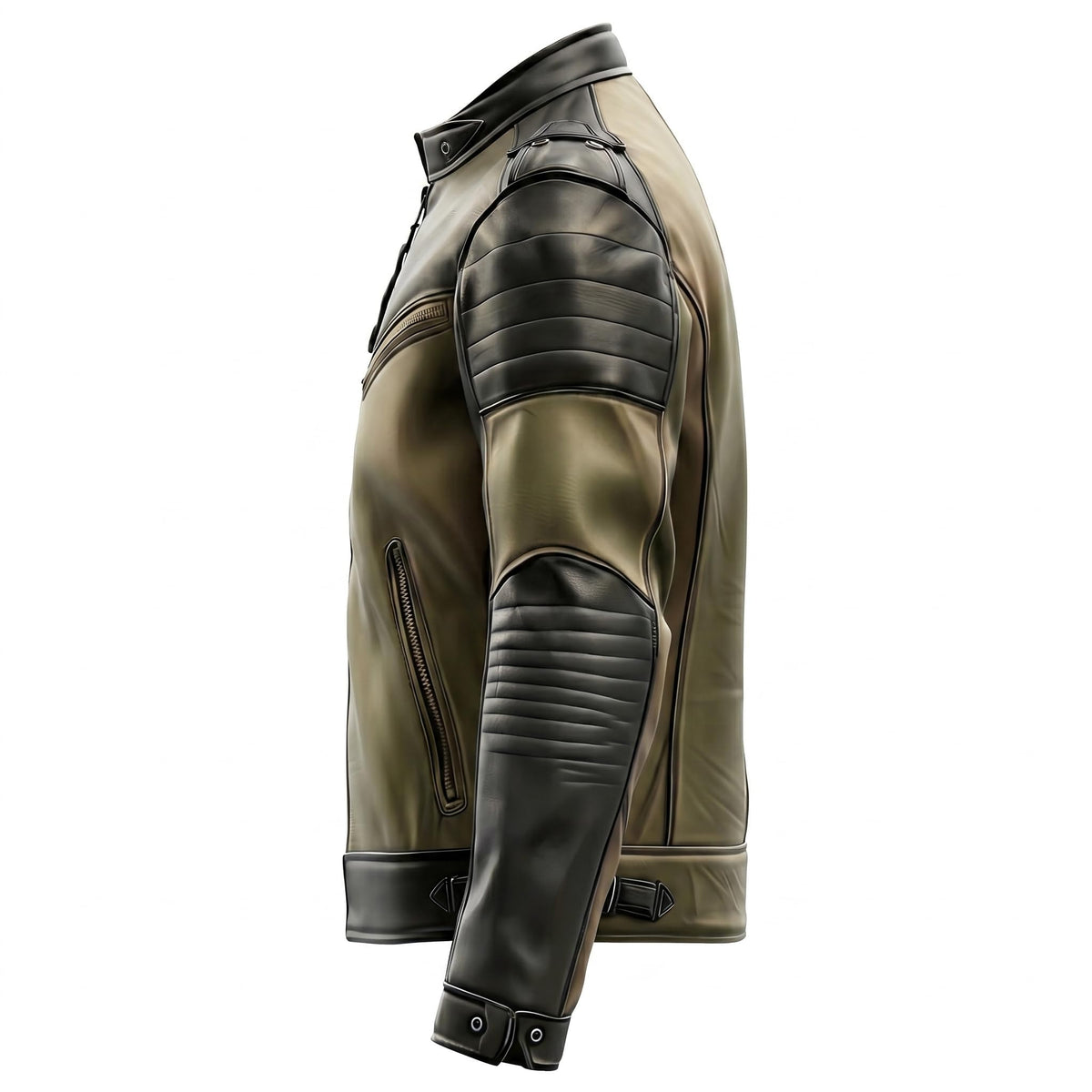 Leather Enchantment Co Men’s Olive Green & Black Sheepskin Biker Jacket – Stand Collar, Multi-Zipper Pockets, Sleek Moto Racing Style (US, Alpha, 3X-Large, Regular, Regular, Olive Green & Black)