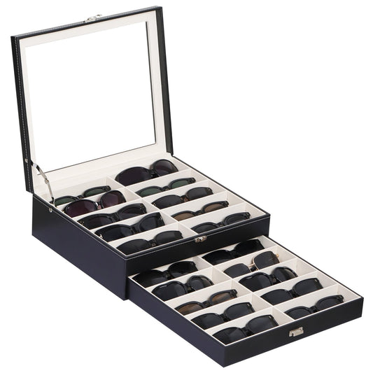 AUTOARK 2-Tier Lockable Glasses & Jewelry Organizer Case with Glass Top,20 Capacity PU Leather Display Box for Sunglasses,Watches,Rings,Ideal Gift for Home Office,Black,MKAW-301