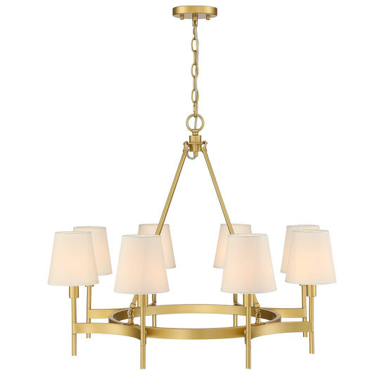 Untrammelife 8 Lights Gold Wagon Wheel Drum Chandelier, 30" Large Round Pendant Lighting Fixture with White Shade for Dining Room Living Room Bedroom Kitchen Island