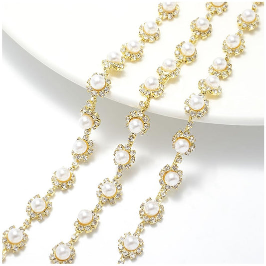 FYBownot 1 Yard Rhinestone Pearl Chain Trim, Inlaid Pearl Beaded for DIY Decoration and Bridal Embellishments,for Sewing Crafts Wedding Bridal Party Christmas