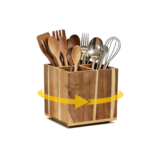 Wooden Utensil Holder for Kitchen Counter, Non-Slip Large Acacia Wood Spatula Holder for Counter with 4 Compartments, 360° Rotating Cooking Utensil Holder, Farmhouse Countertop Decor