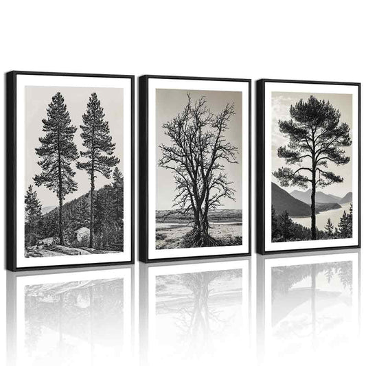 KUVIOKE Vintage Tree Framed Wall Art Black and White Retro Antique Forest Drawings Nature Wilderness Sketch Wall Painting Modern Decor 12x16in (Black Framed)