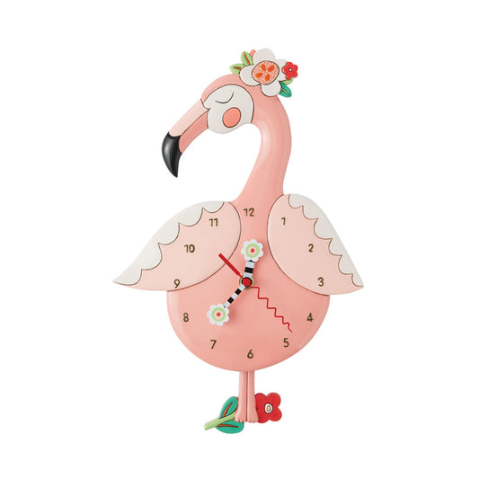 Enesco Allen Designs Pinky the Flamingo with Flowers Sculpted Pendulum Wall Clock, 11.61 Inch, Multicolor