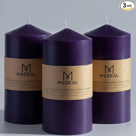 MOZEAL 3" x 6" Hand-Poured Unscented Dark Purple Pillar Candles,Dripless Candles Set of 3,Long Lasting Burning,Approx 100 Hours Burn Time for Wedding,Dinner,Christmas and Home Decor