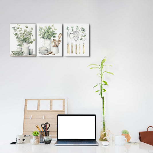 3 Pcs Botanical Plant Canvas Wall Art, Aesthetic Boho Wall Decor Framed Prints for Bedroom Living Room Decor, Sage Green Eucalyptus Leaf Tableware Prints for Office, Housewarming Gifts 11.5x15 Inch