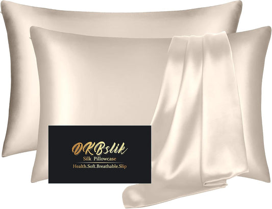 Skiennix Mulberry Silk Pillowcase Set - Anti-Acne & Hair Care | Queen Size, Beige, 2 Pack with Zipper