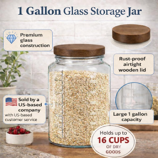 kitchentoolz Extra Large Mason Jar - 1 Gallon Glass Wide Mouth Jar with Airtight Wooden Lid, Food Storage Container with Measurement Markings For Kitchen Pantry, Pickling, Cookies, Flour & Sugar