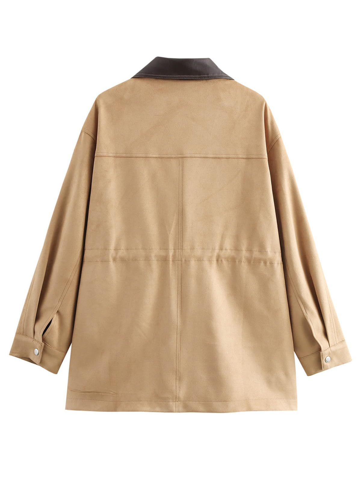 CUFEZN Women's Barn Jacket Faux Suede Leather Collar Utility Jackets Oversized Casual Adjustable Waist Coat with Pockets Khaki Medium