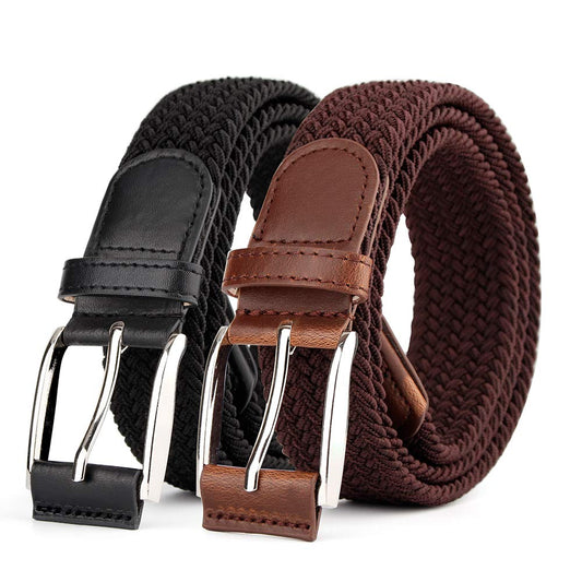 2 Pieces Braided Woven Elastic Stretch Canvas Belts for Men Women (Black+Brown, M)