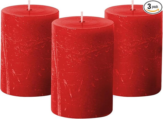 Simply Soson Red Rustic Texture Pillar Candles - 3x4 inch Set of 3 - Unscented Decorative Large Candles for Home Decor, Weddings, Holidays