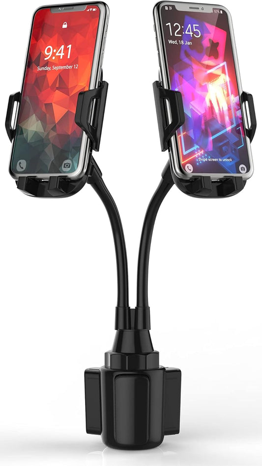 CAVIANA 360 2 Dual Phone Holder for Car Cup Holder Long Flexible Neck, Rotatable Car Phone Mount - Adjustable Cell Cup