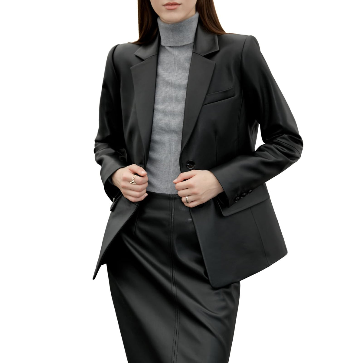 SILVER FASHIONS Lambskin Leather Jacket Women,Long Sleeve Button Front Leather Blazer,Notched Lapel Casual Style,Vent Detail (Large,Black)