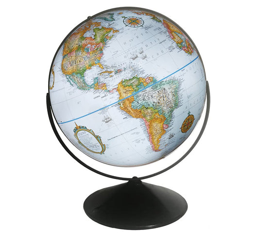 Replogle Eureka 16 inch desktop globe with up to date blue raised relief map and full swing gyromatic assembly. The beautiful blue ocean product has vast amounts of up-to-date information will pique the interest of any geographical connoisseur of all ages