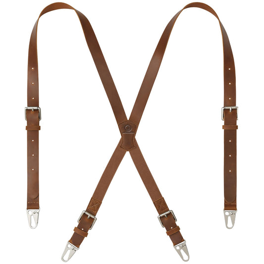 Jack&Chris Genuine Leather X-Shaped Suspenders for Men, Adjustable Heavy Duty Solid 1 Inch Wide Suspenders with Sturdy Clips, Men Accessories For Jeans, Brown